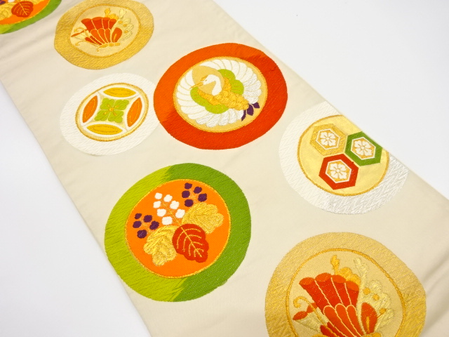 アンティーク　丸に鶴・桐・蝶・七宝模様織り出し袋帯（材料）